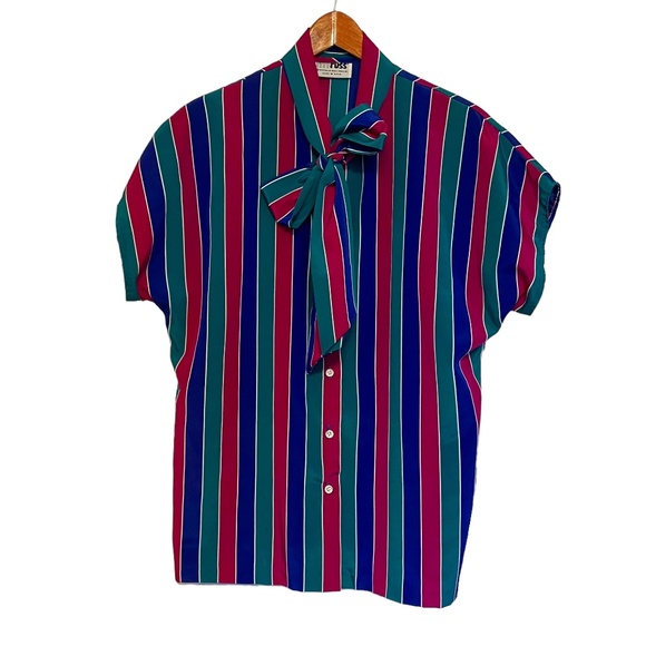 Vintage Russ Togs Striped Button Front Blouse with Adjustable Neck Ties Bow - Picture 1 of 4